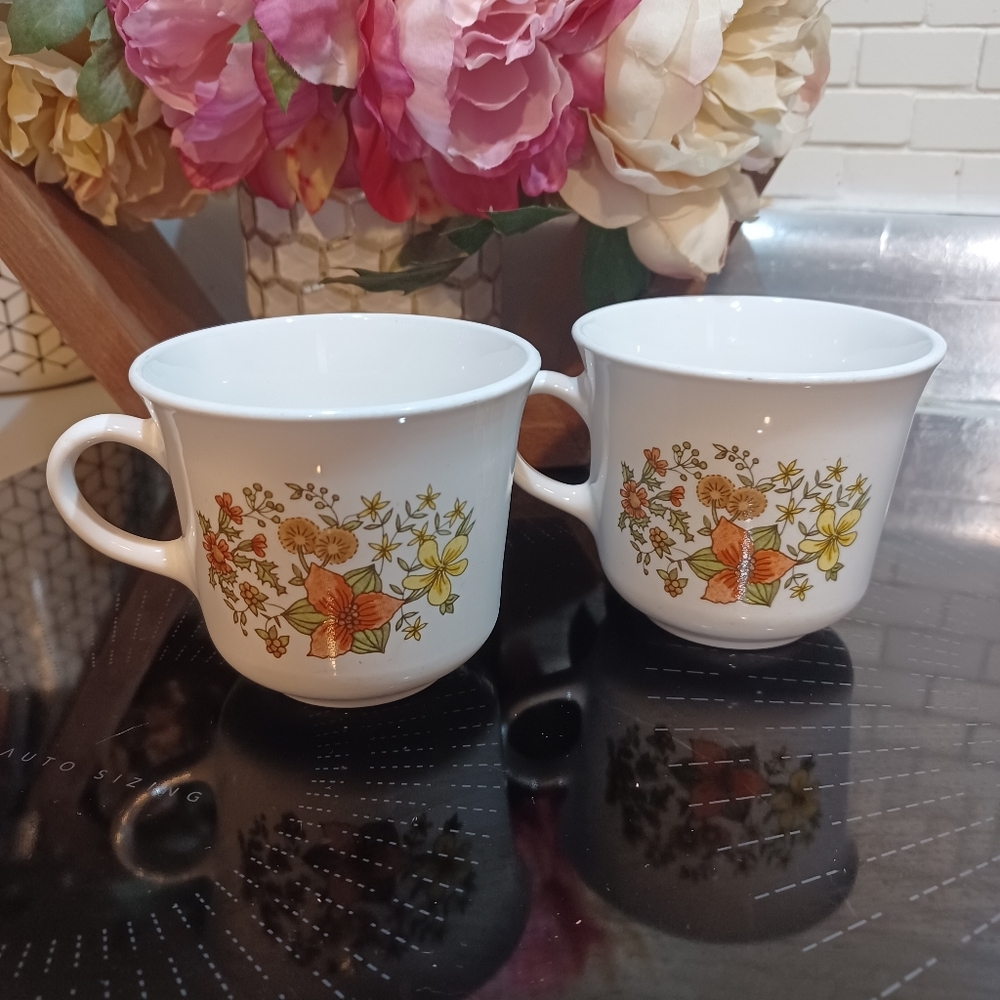 Vintage Corelle by Corning Indian Summer Milk glass Teacups Set Of 2
